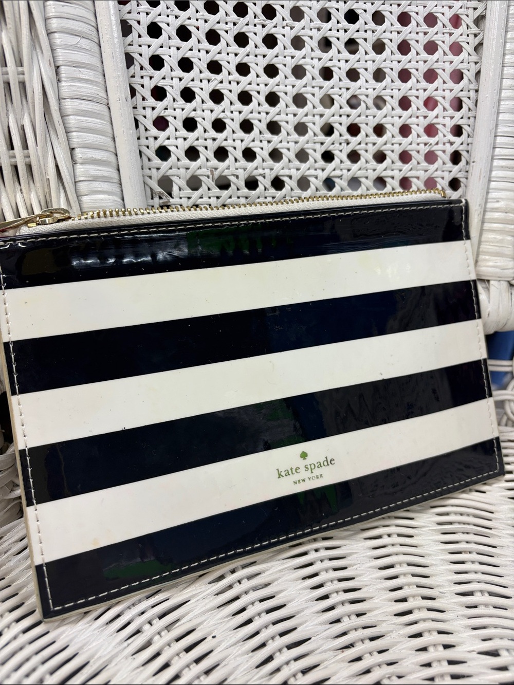 kate spade Black and White Striped Patent Zip Pouch
